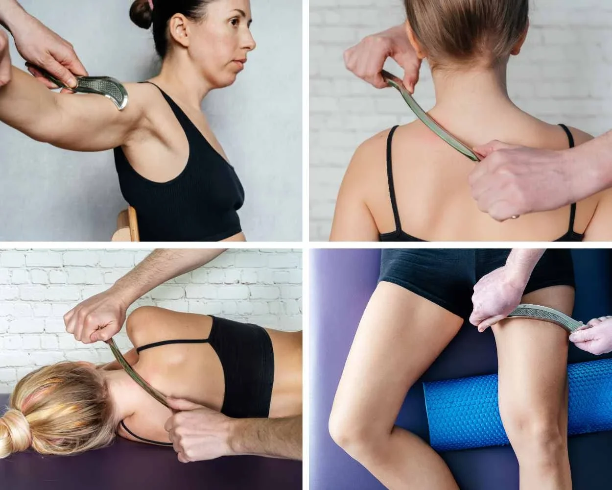 Four images showing different physical therapy or rehabilitation exercises with patients and therapists using straps for stretching and muscle treatment.