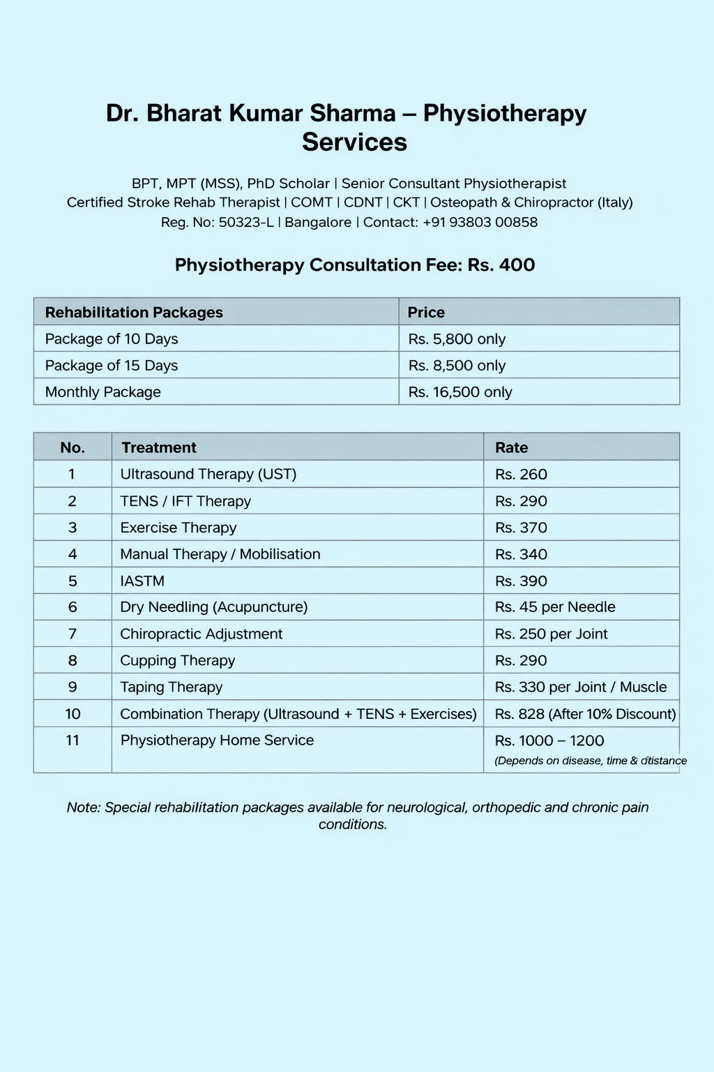 A printable physiotherapy services price list by Dr. Bharat Kumar Sharma, including consultation fees, rehabilitation packages, individual treatments, and rates in Indian Rupees, with contact and registration details.