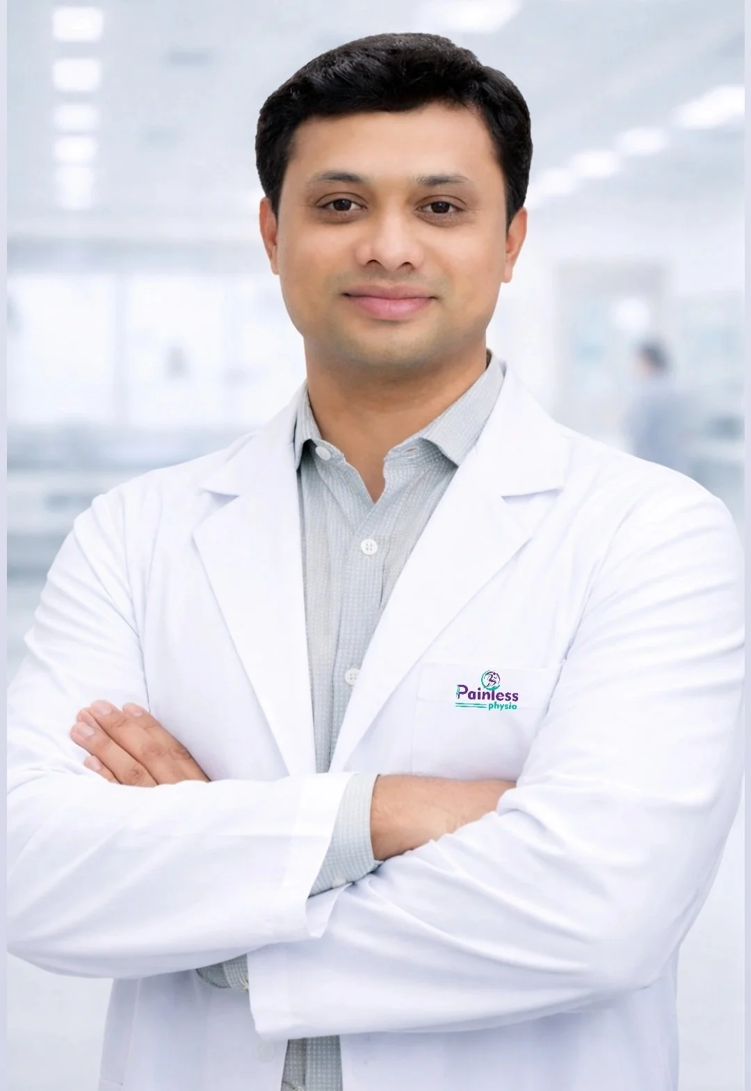 A smiling male doctor in a white lab coat with crossed arms, standing in a bright, modern medical facility. The logo on the coat reads 'Painless Physio'.