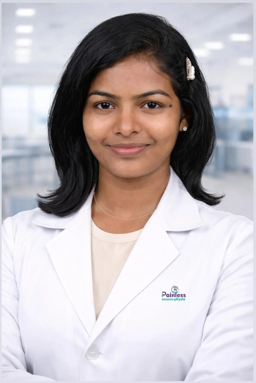 A woman with shoulder-length black hair, wearing a white lab coat with a 'Painless Physio' logo, standing in a bright, modern medical or clinic setting.