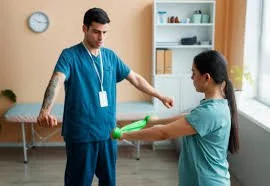 Physical therapist helping a patient stretch her arm in a clinical setting.