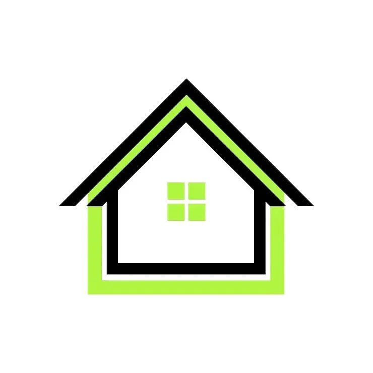 Logo of a house with black and lime green outlines and a small lime green window.