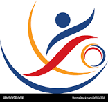 Abstract logo with a stylized human figure, using orange, blue, and red swooshes and a circle.