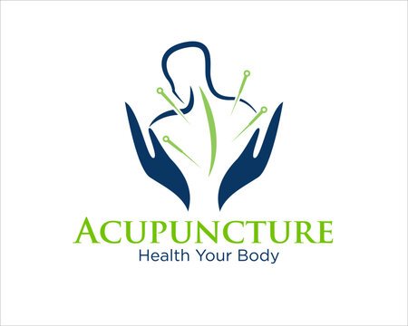 Logo featuring two dark blue hands holding a stylized green and blue figure with circuit-like lines, with the text 'Acupuncture' and 'Health Your Body' below.
