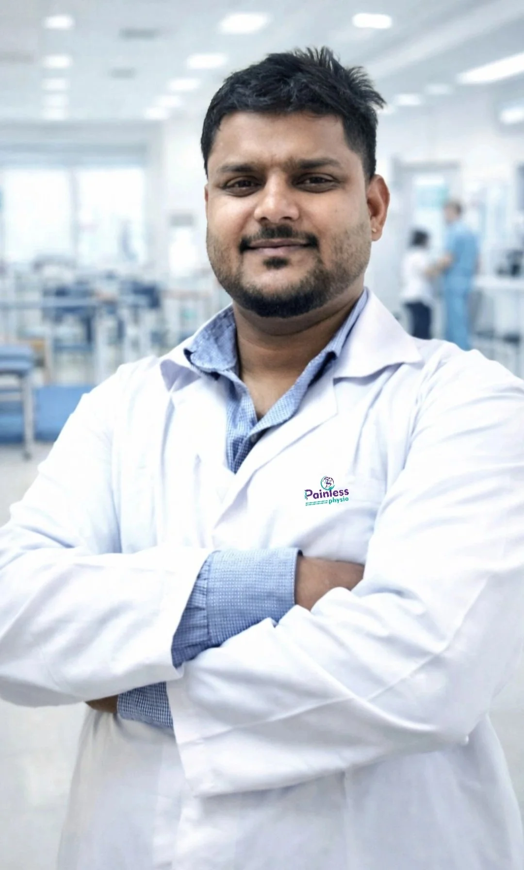 A man in a white lab coat with 'Painless Physio' logo, standing in a medical or clinical setting.