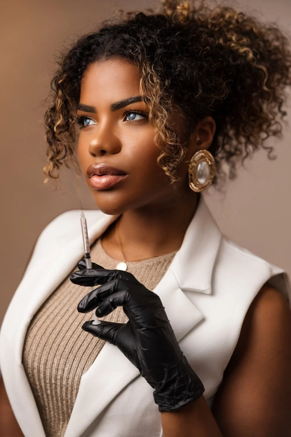 A woman with curly hair and blue eyes holding a syringe while wearing black gloves, gold earrings, and a white blazer.