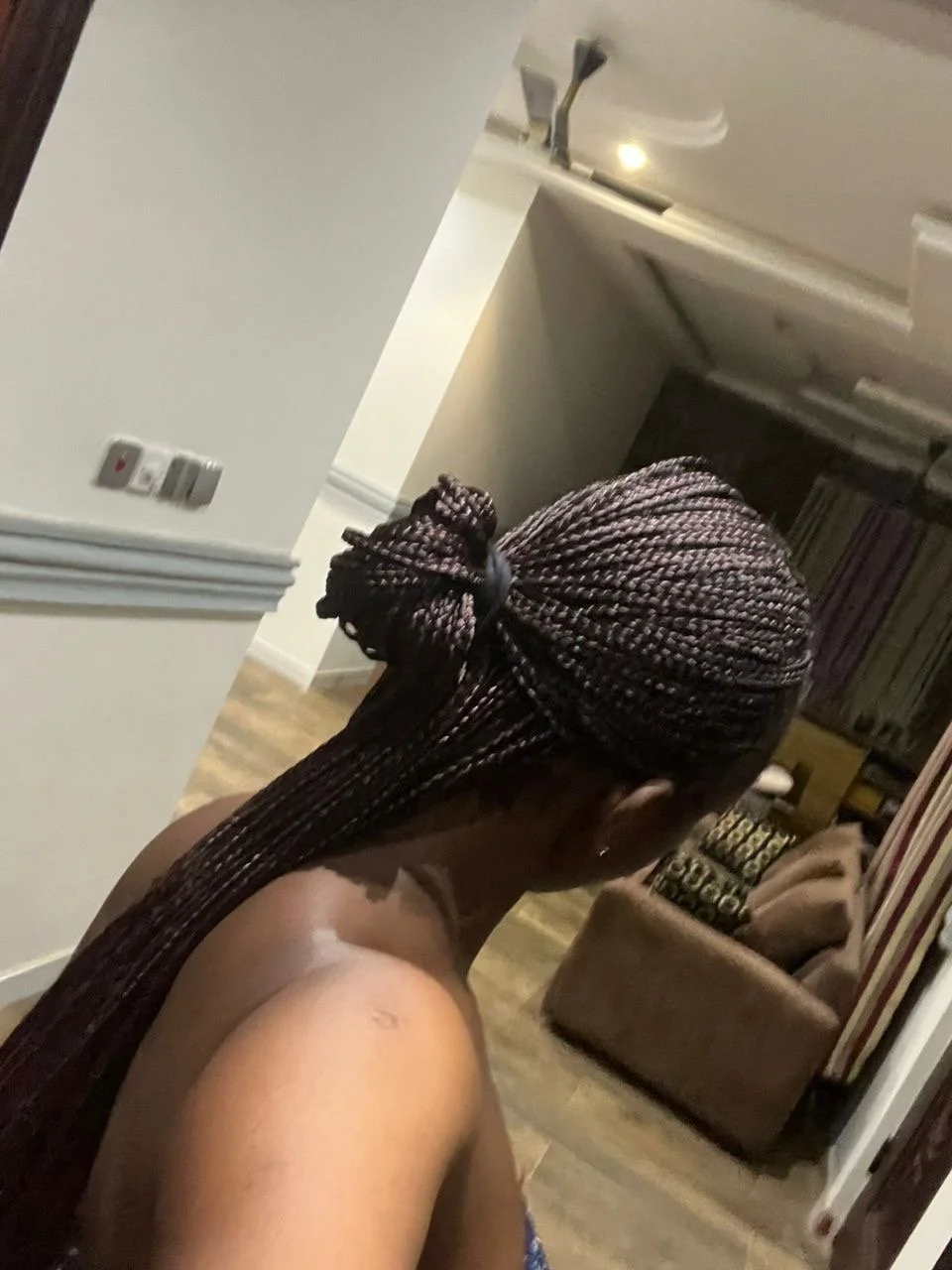 Back view of a woman with long braided hair in a bun, standing in a room with a kitchen sink in the background, and a living area with sofas and curtains.