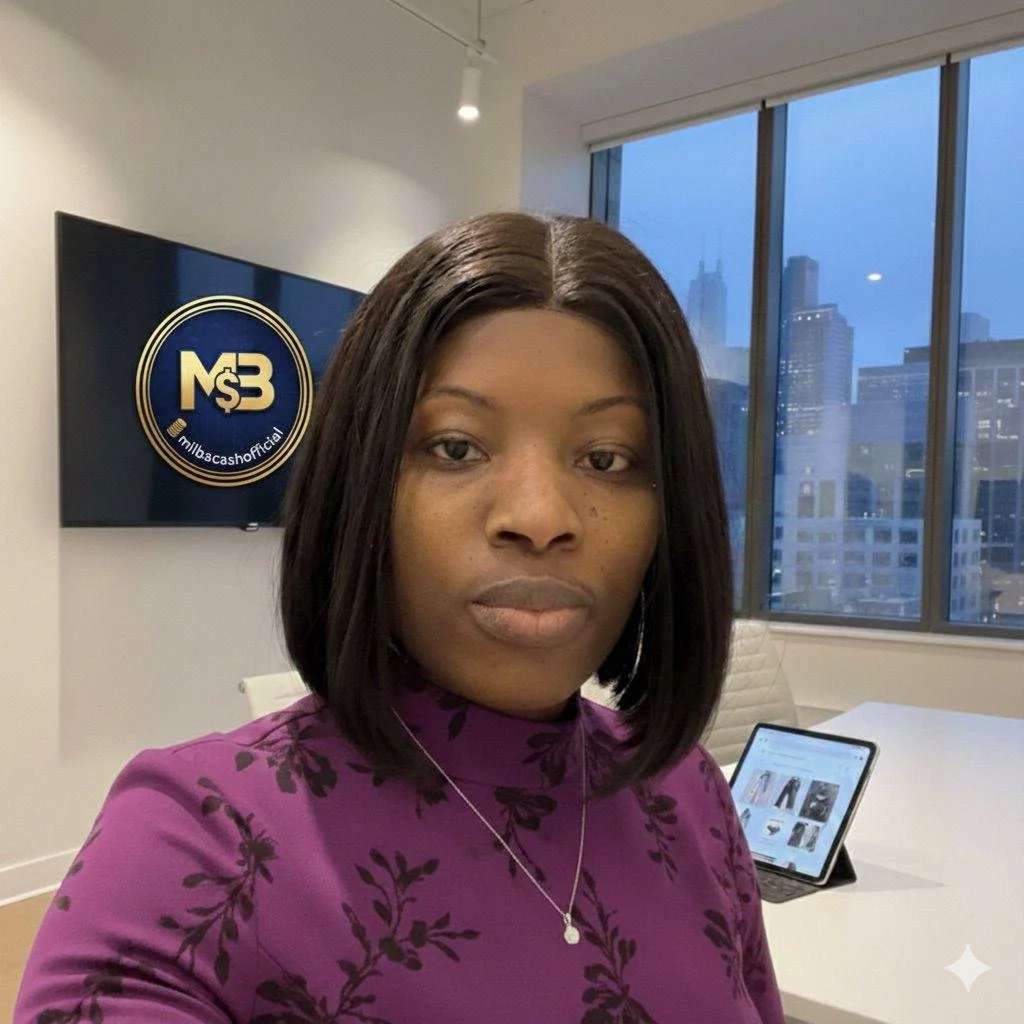 A woman in a purple floral top taking a selfie in a modern office with city views and a television screen in the background.