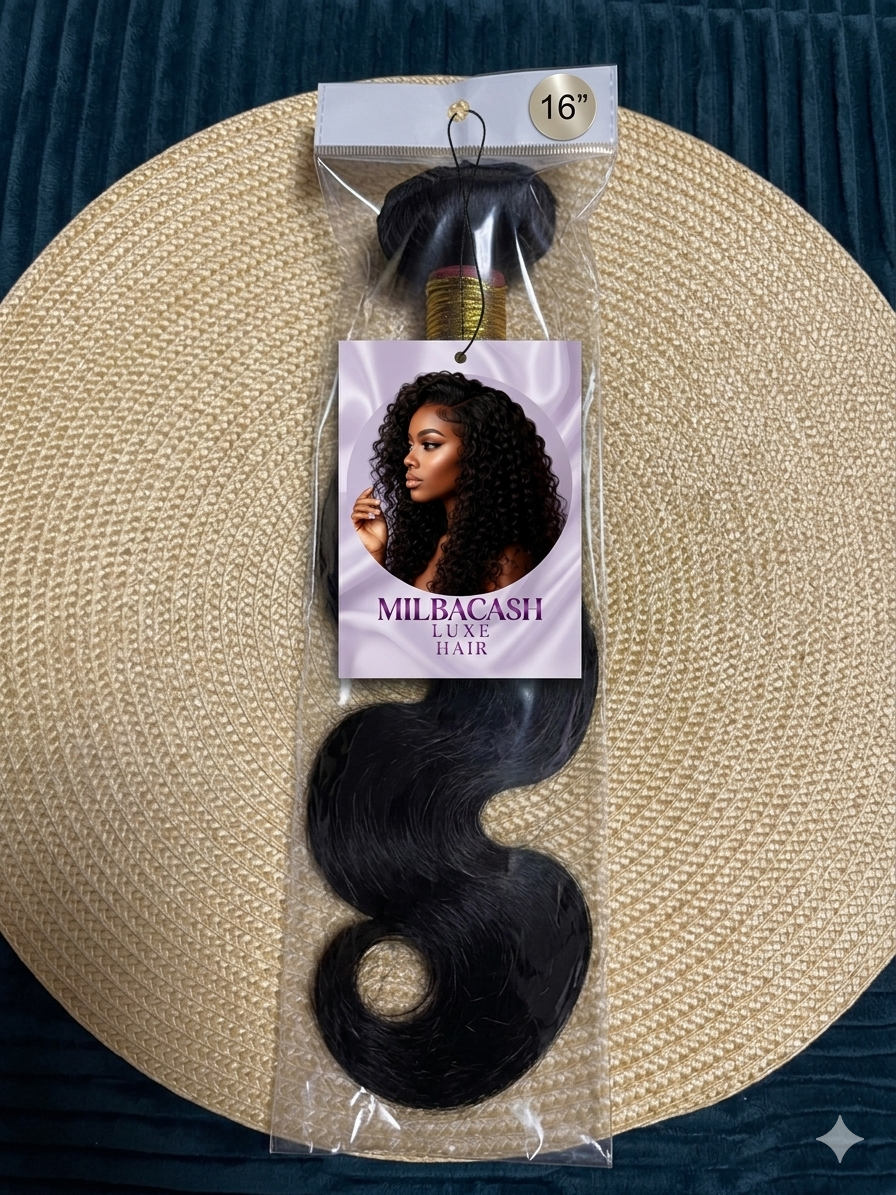 A bundle of long, black, wavy hair extensions in packaging labeled "Milbacash Luxe Hair," placed on a large, round, woven straw hat with a dark blue fabric surface underneath.