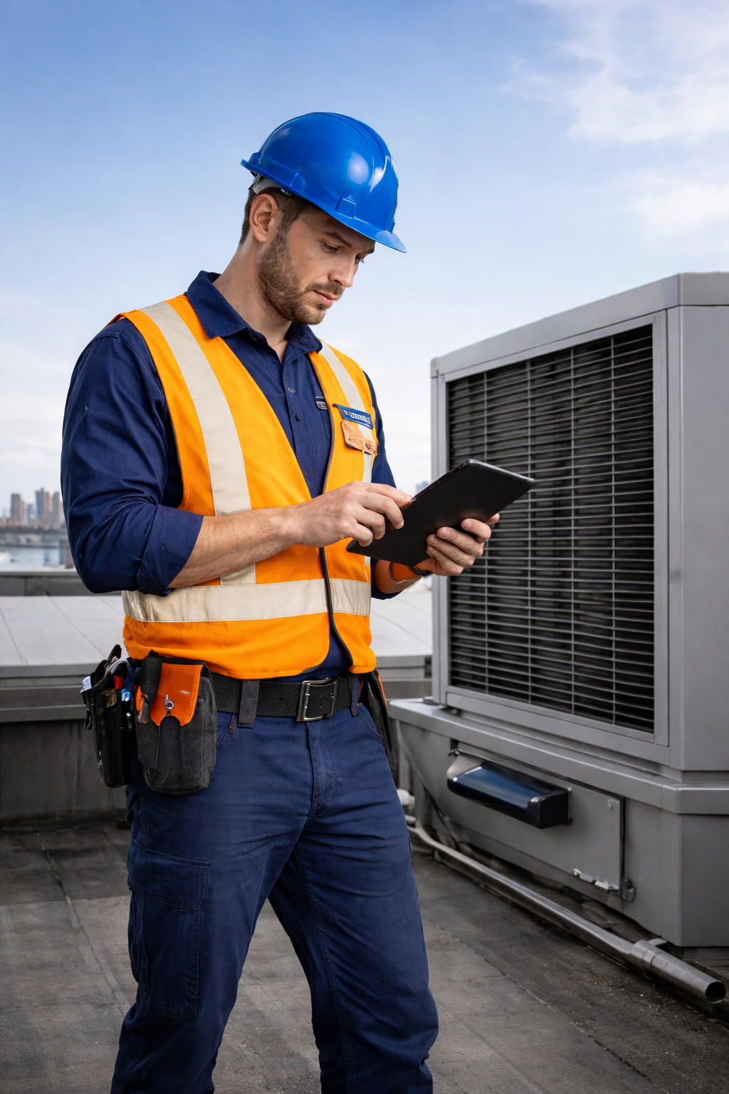 A technician on a rooftop, wearing a blue hard hat and orange safety vest, using a tablet device next to an HVAC unit.
