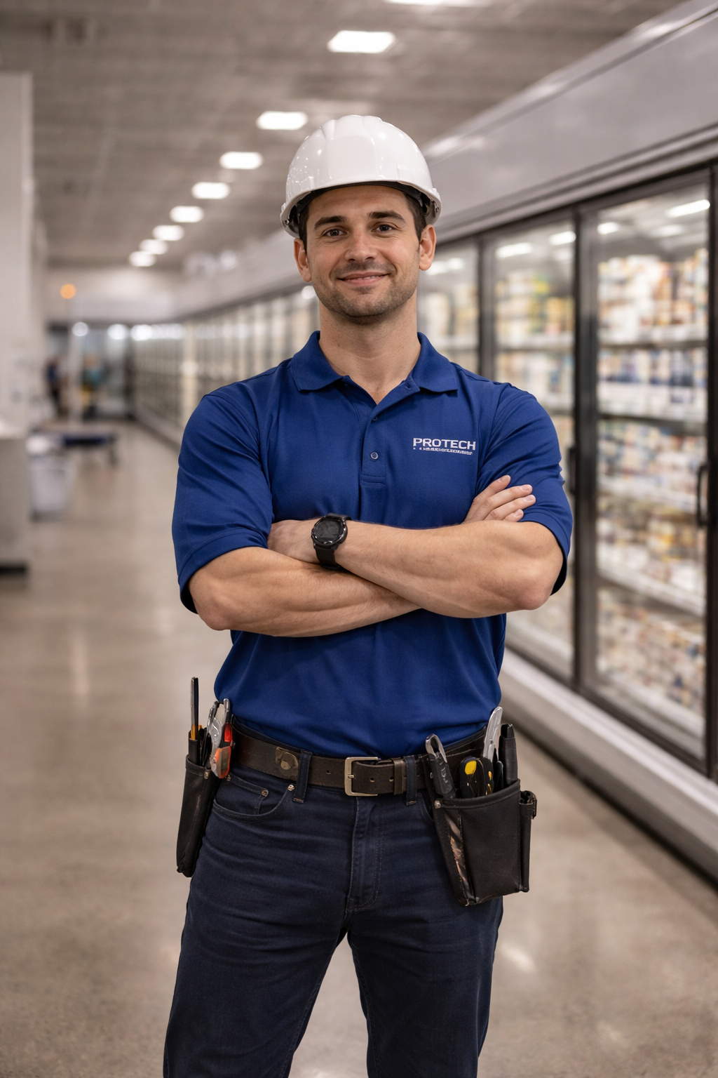 A man wearing a white construction helmet and a blue polo shirt with "PROTECH" on it stands with arms crossed inside a grocery store aisle. He has a tool belt with various tools around his waist and is smiling.
