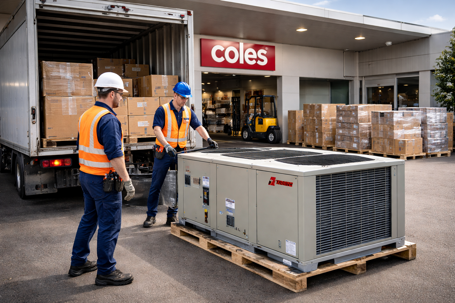 Two workers in safety gear inspecting a large HVAC unit outside a warehouse with a truck, boxes, and pallets in front of a Coles store.