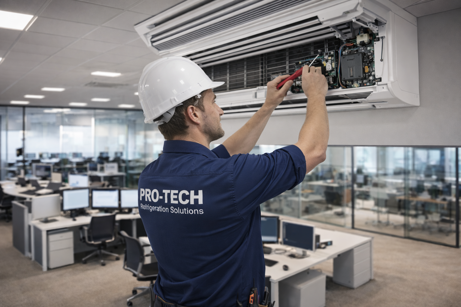 A technician wearing a white hard hat and blue shirt with the company logo 'PRO-TECH Refrigeration Solutions' working on an air conditioner mounted on an office wall, with office cubicles and desks in the background.
