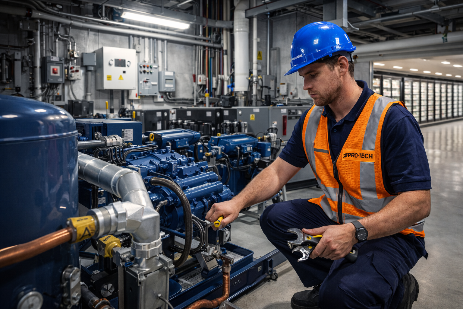 A technician wearing a blue safety helmet and an orange safety vest labeled 'PRO-TECH' inspects industrial machinery in a factory or industrial facility.