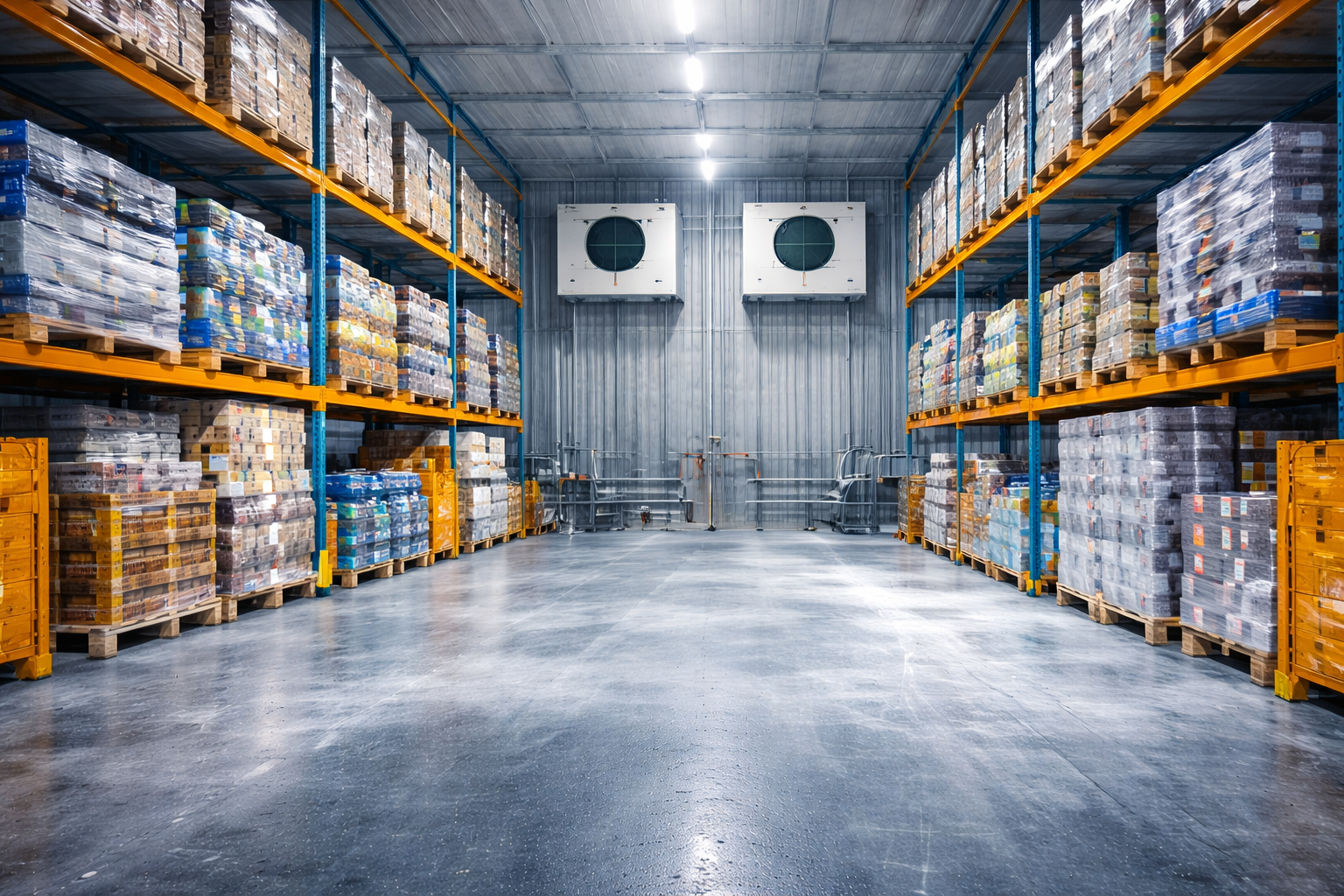 Empty warehouse with metal shelves filled with pallets of goods wrapped in plastic, concrete floor, and hanging industrial ventilation units.