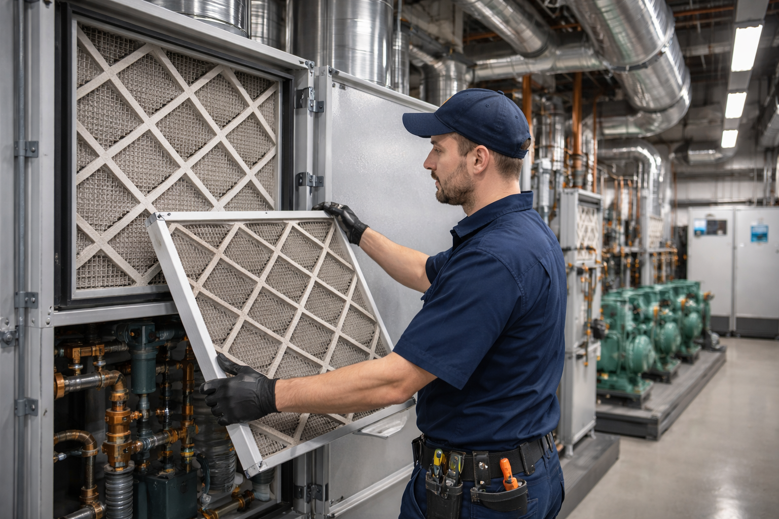 Technician in navy uniform and black gloves replacing or inspecting an air filter in a commercial HVAC system inside an industrial service room with ductwork and machinery.