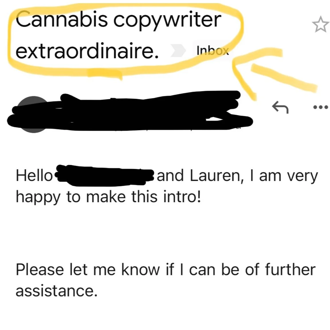 Email screenshot with subject 'Cannabis copywriter extraordinaire' and part of the email body introducing two people, demonstrating Lauren Ryan's expertise