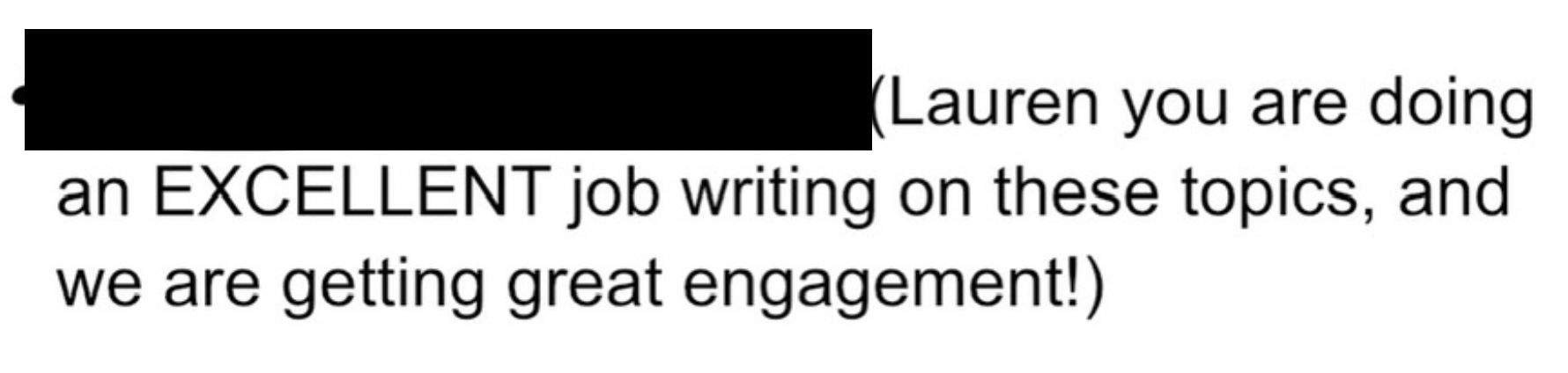 Lauren Ryan copywriter and inbound marketer gets testimonial that say engagement has increased