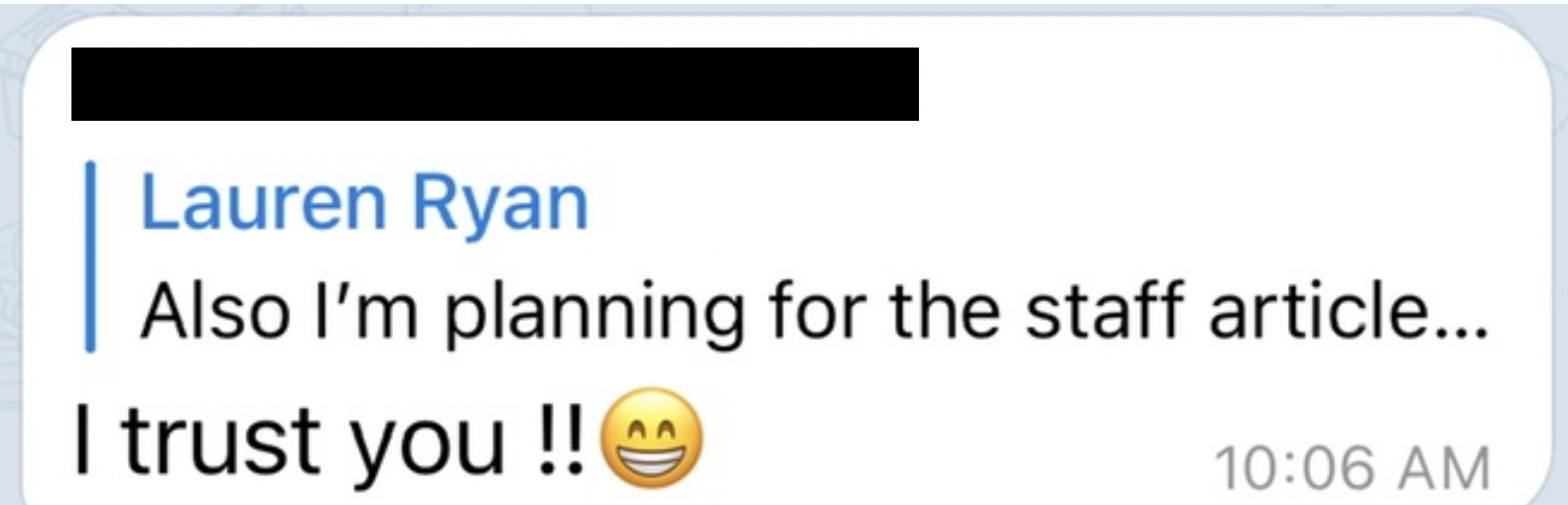 Screenshot of a chat message from Lauren Ryan discussing plans for a staff article and expressing trust in inbound marketing strategy with a smiling emoji.