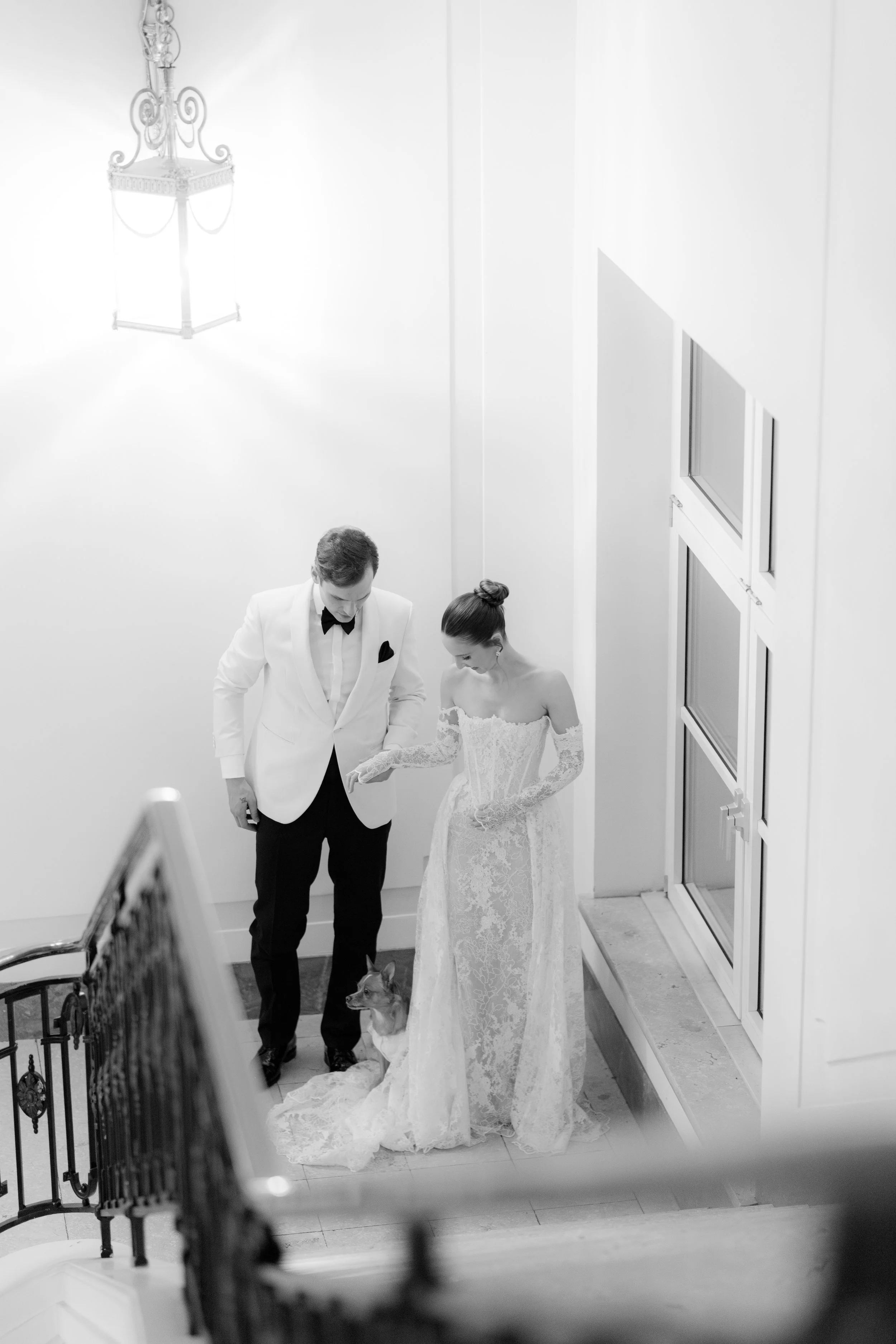 Black and white photo of a bride and groom on a stairwell landing, with a small dog at their feet. The groom wears a white tuxedo jacket with a black bow tie and black pants, and the bride wears an off-shoulder lace wedding gown with gloves. They are