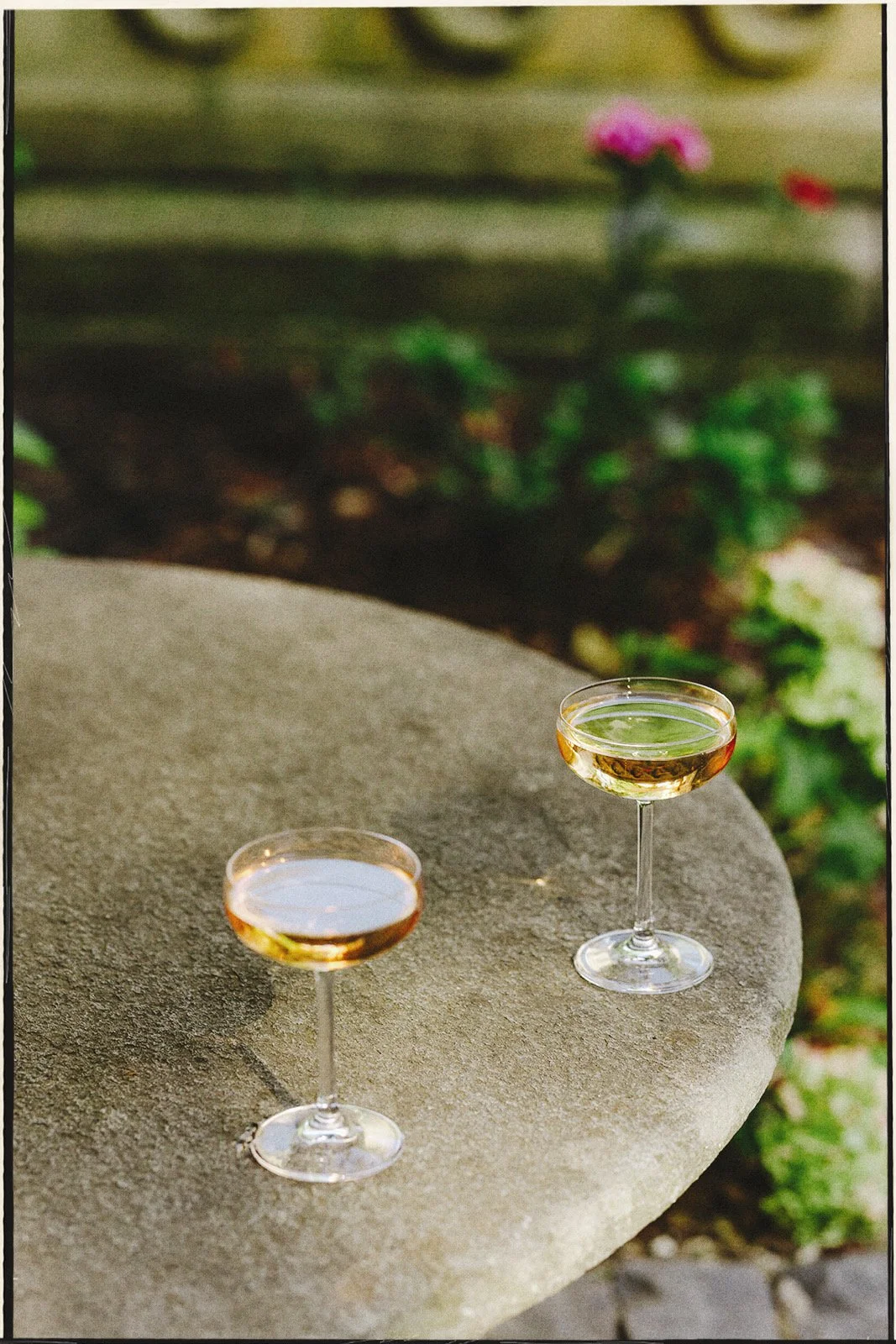 Two coupe glasses filled with sparkling wine on a stone outdoor table, with a blurred garden background.