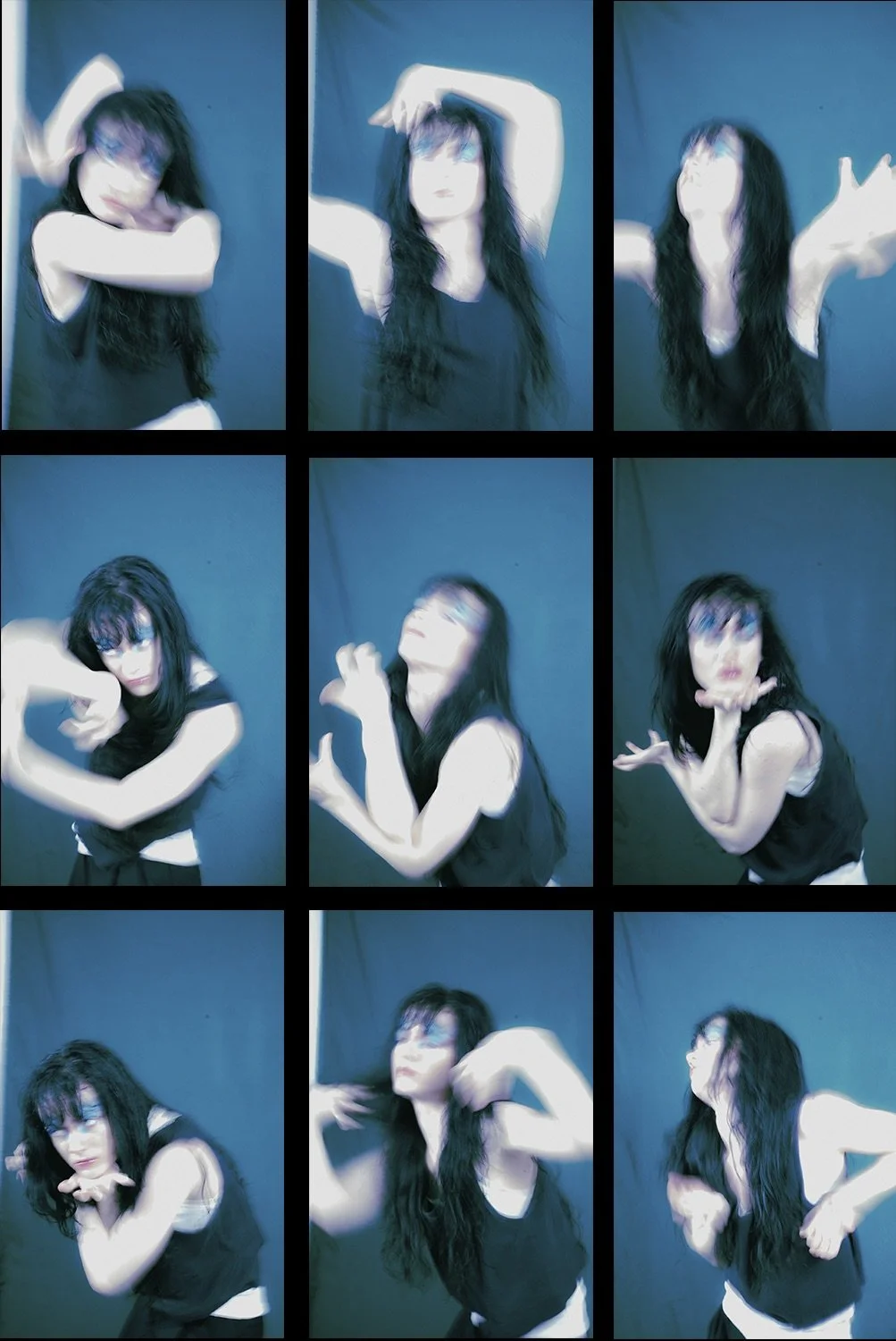 A woman with long black hair and glasses is posing in various expressive positions against a blue background, captured in a collage of nine photos with a slightly blurred effect.