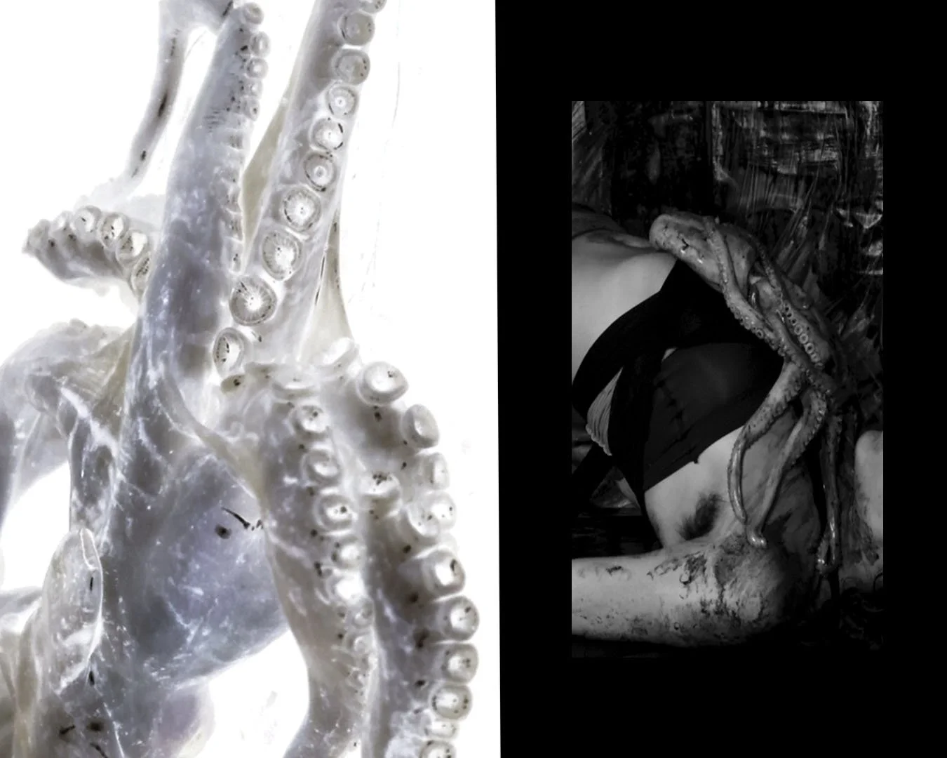 A close-up of an octopus tentacle on the left side and a person lying down with an octopus on their chest on the right side, both in black and white.