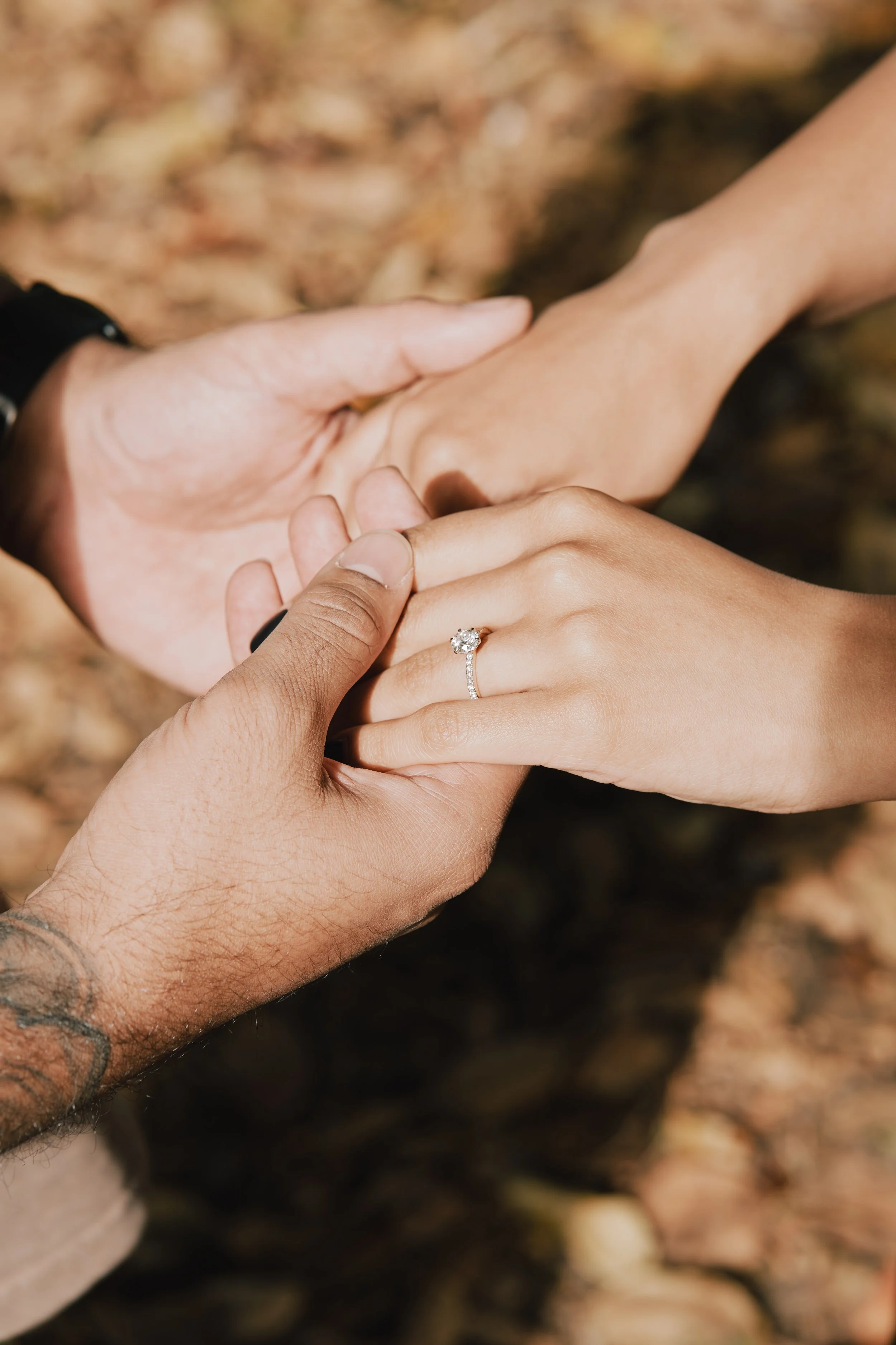 A person with a tattooed arm places a ring on a woman's finger. The woman has an engagement ring with a large central diamond and smaller diamonds along the band. They are holding hands outdoors with fallen leaves in the background.