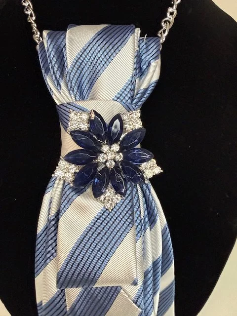 Blue White Striped Statement Tie Brooch | Floral Crystal Chain Neckwear