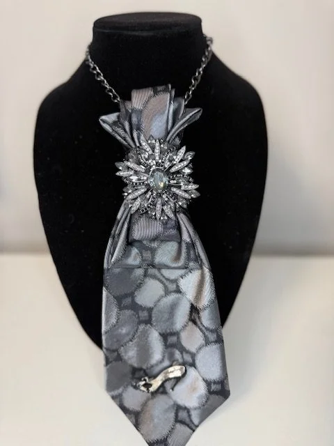 Silver Luxe Statement Tie with Crystal Brooch