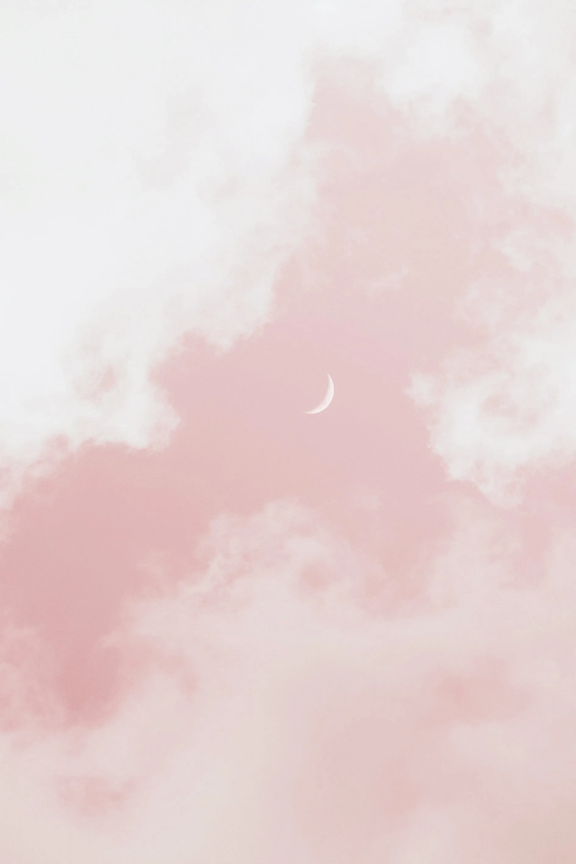 Nærbillede af en halvmåne i en rosa himmel med skyer og en uperfekt skitse af en flyvende fugl.