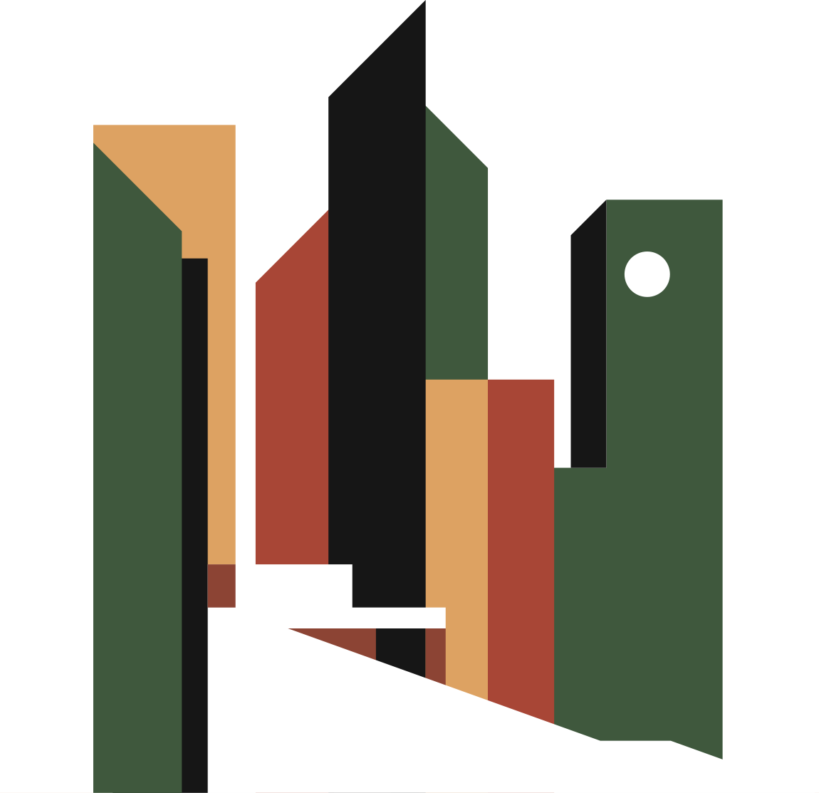 Abstract geometric artwork featuring vertical bars in shades of green, brown, black, and gold with a white circle on a black background.