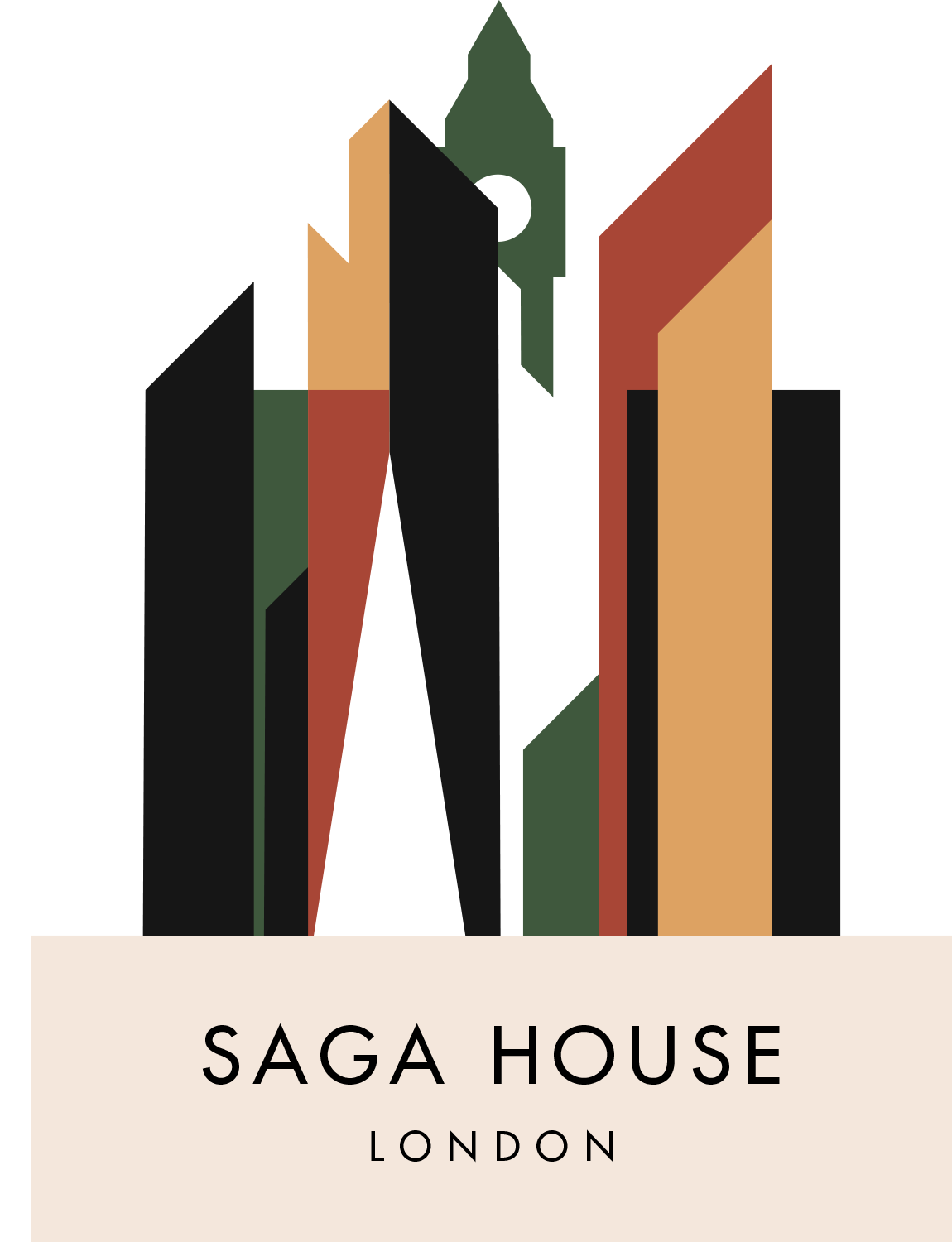 Stylized logo for Saga House London featuring abstract skyscrapers and a clock tower.