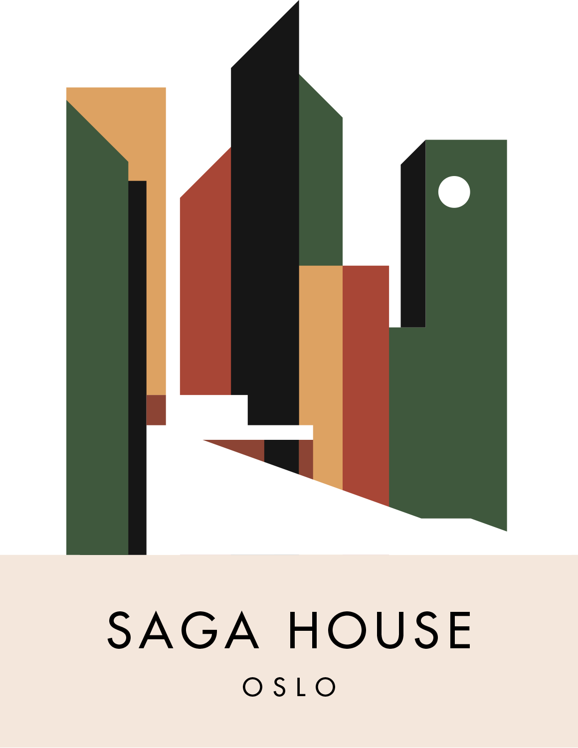 Abstract geometric illustration of a house with tall trees and a path leading to the house, with the text 'SAGA HOUSE OSLO' at the bottom.
