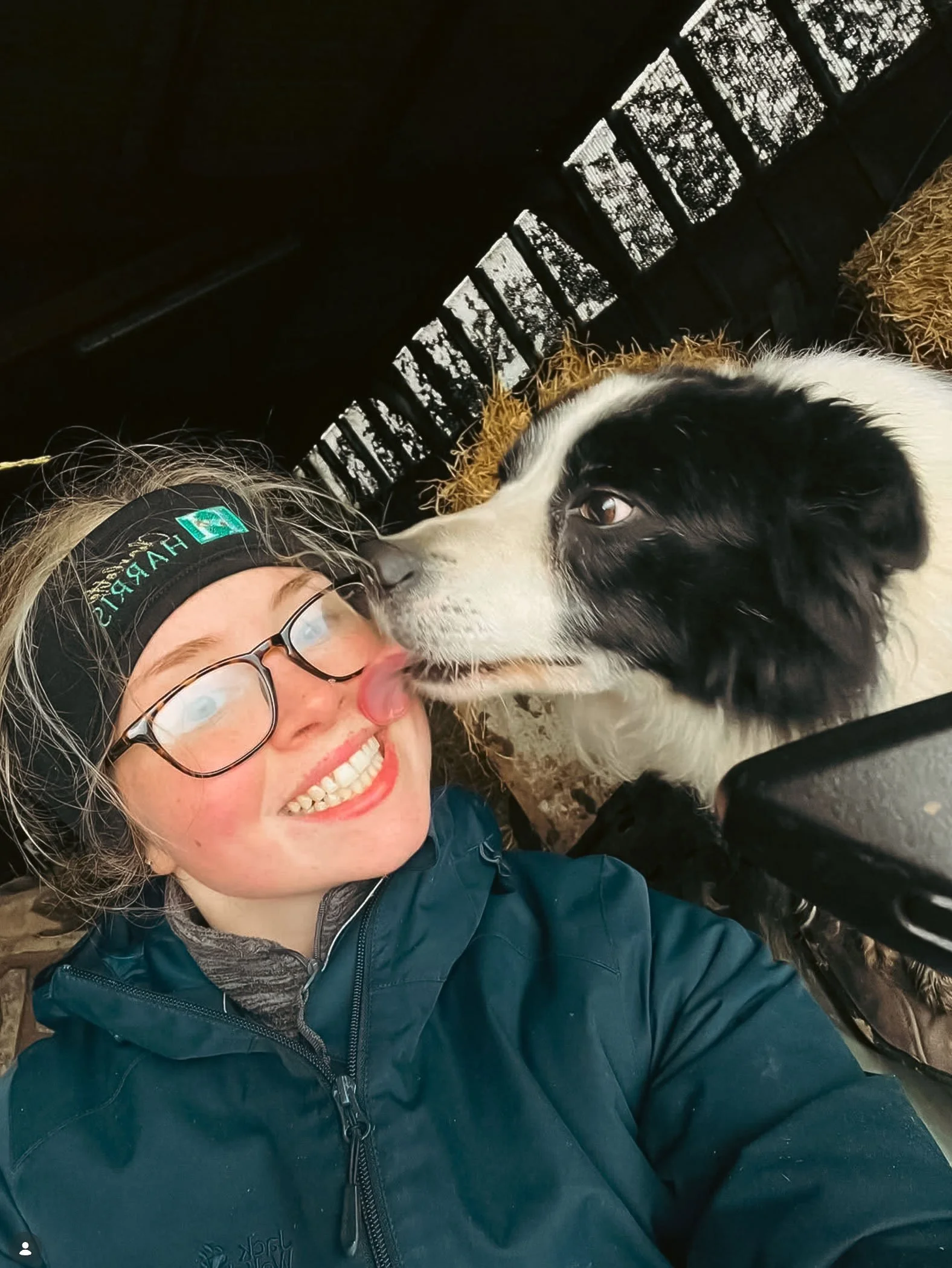 A young female with glasses, wearing a headband kissing a black and white sheep dog with brown eyes.