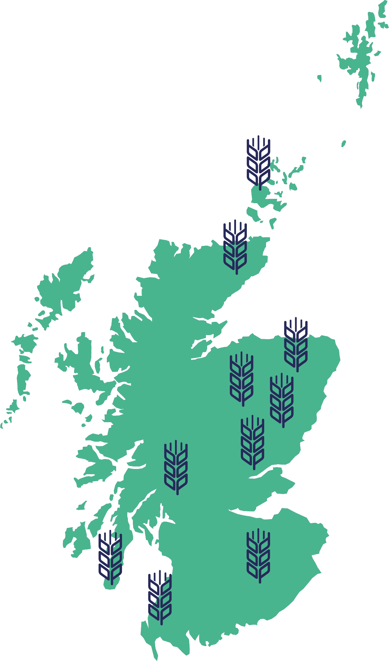 Map of the Scotland with wheat icons over areas of Scotland, indicating the reach of mentorship in Women in Agriculture