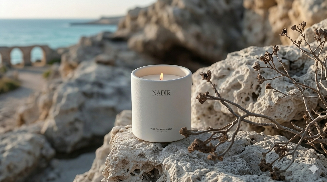 A white candle labeled 'Nadir' and 'Rose Scented Candle' placed on rocky terrain near the ocean, with a stone bridge in the background and a dry plant with brown buds in the foreground.