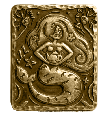 Decorative gold-toned illustration of a mermaid with flowing hair, surrounded by stars, flowers, and strawberries.