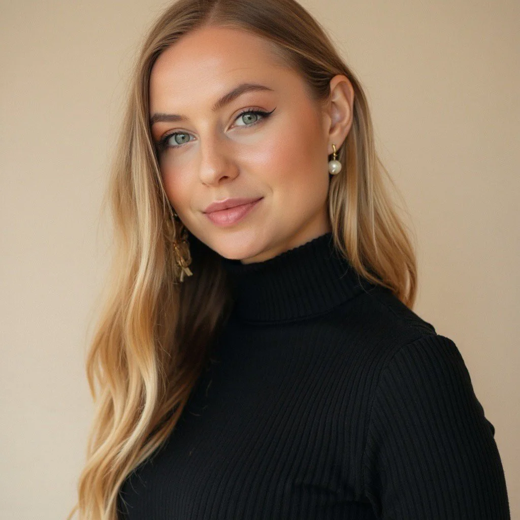 A young woman with long blonde hair, green eyes, and makeup, wearing a black turtleneck sweater and pearl earrings, smiling softly at the camera.