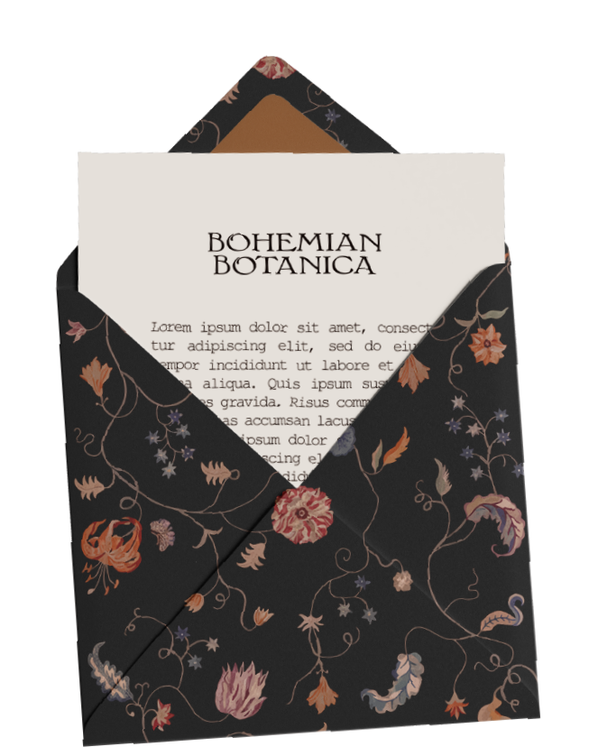 A black envelope with floral patterns and a card inside that reads 'BOHEMIAN BOTANICA' and contains placeholder text.