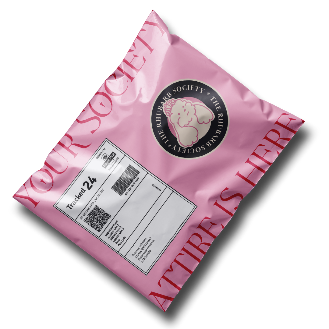 Pink package from the Rhubarb Society featuring a logo with a sheep's face. Includes a shipping label.