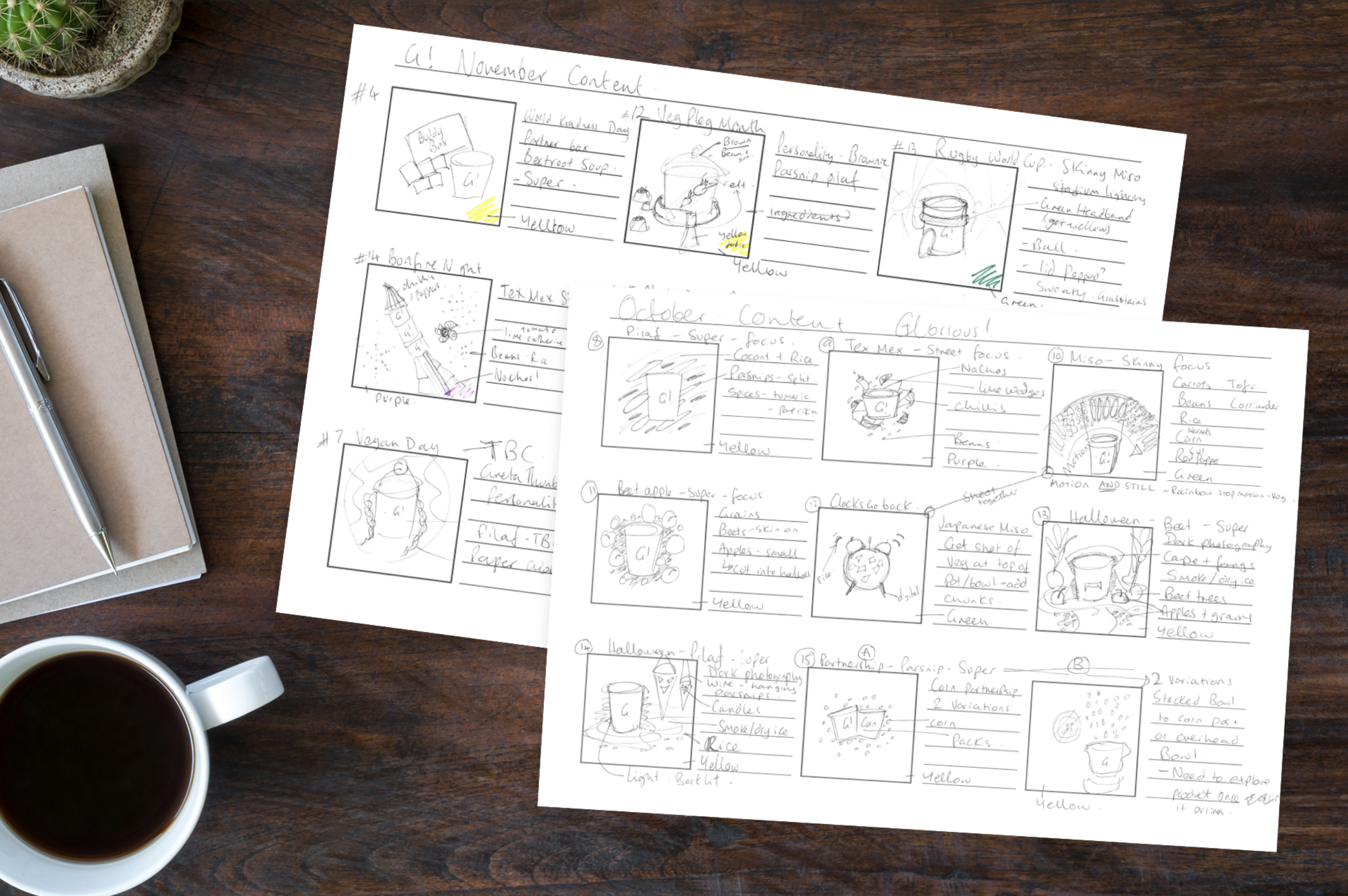 Sketches of food recipes on paper, with a cup of coffee and a small potted cactus plant on a wooden table.