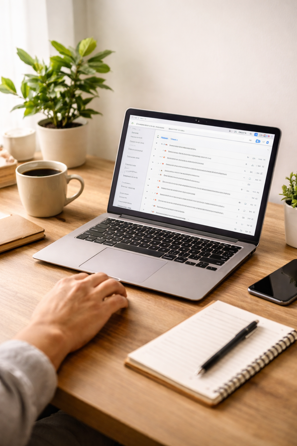 A person working at a wooden desk with a laptop displaying an email inbox, a cup of coffee, a notebook and pen, a smartphone, and potted plants in the background.