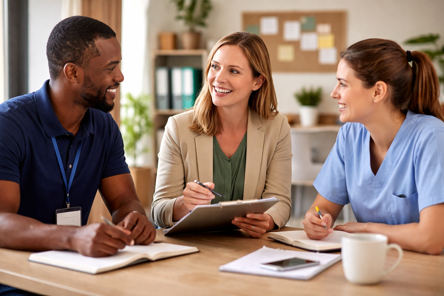 Three people having a discussion at a meeting in an office, smiling and engaging with each other.