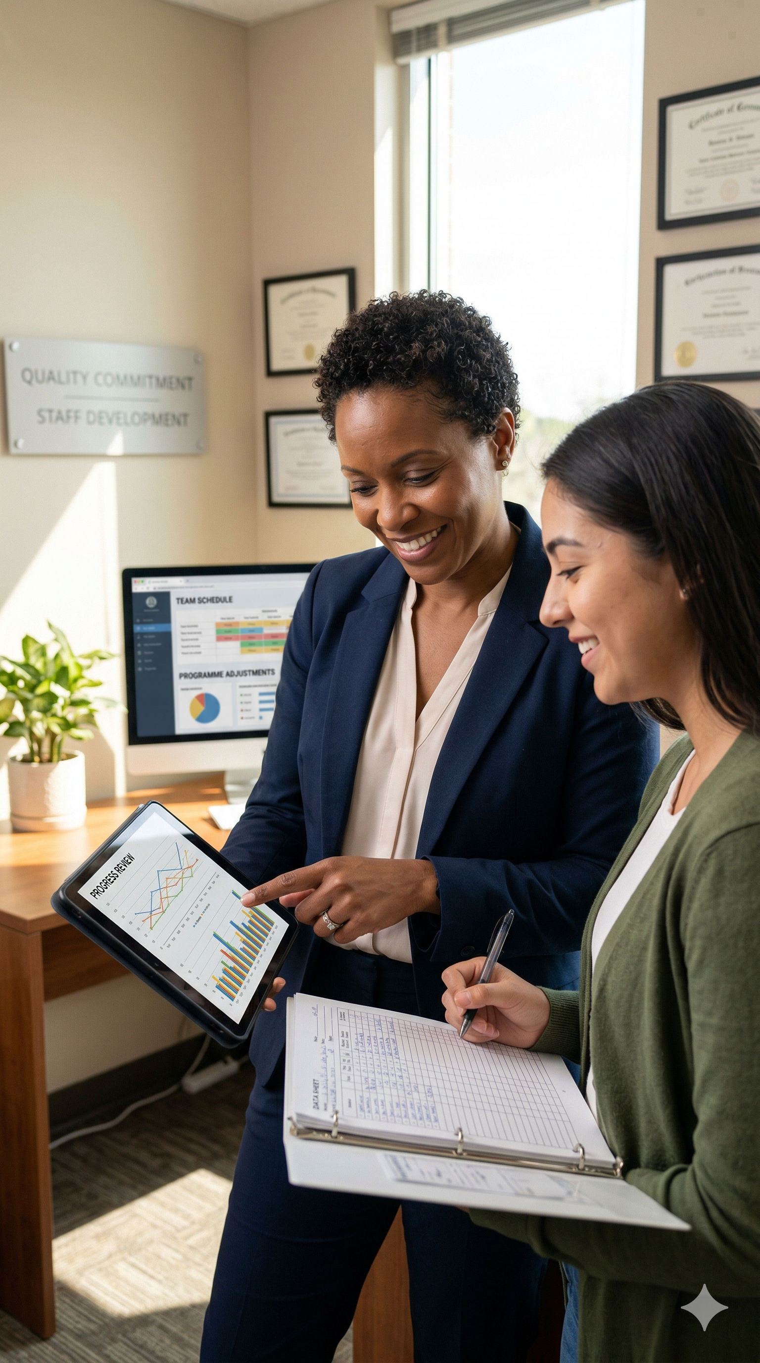 Two women are looking at a tablet displaying progress report charts, in a professional office setting with legal certificates on the wall.