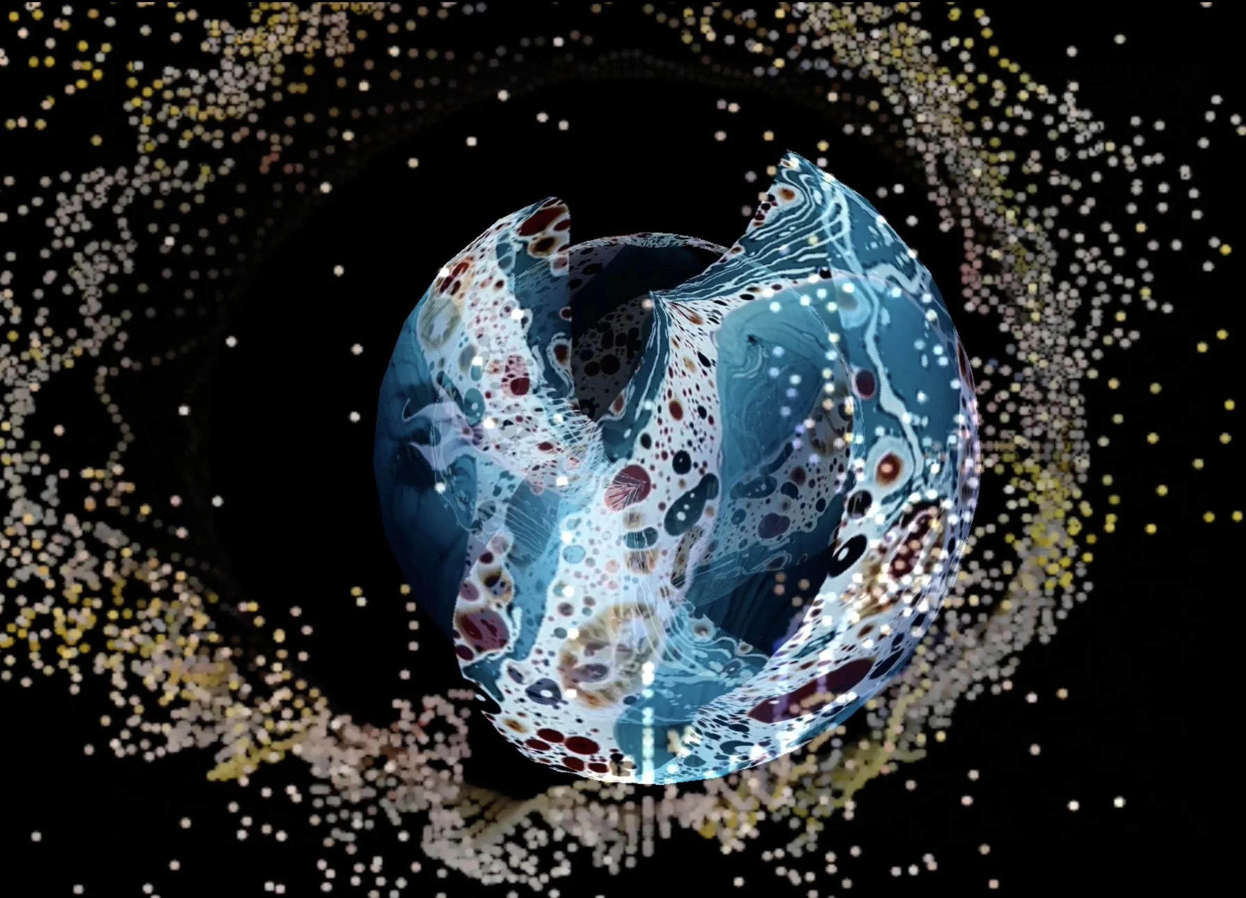 Abstract digital art featuring a spherical, marbled blue pattern with red and white accents, surrounded by a scattering of multicolored particles against a black background.