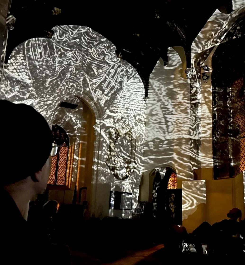Projection of abstract black and white patterns on the walls and ceiling of a room with arched windows and a chandelier.