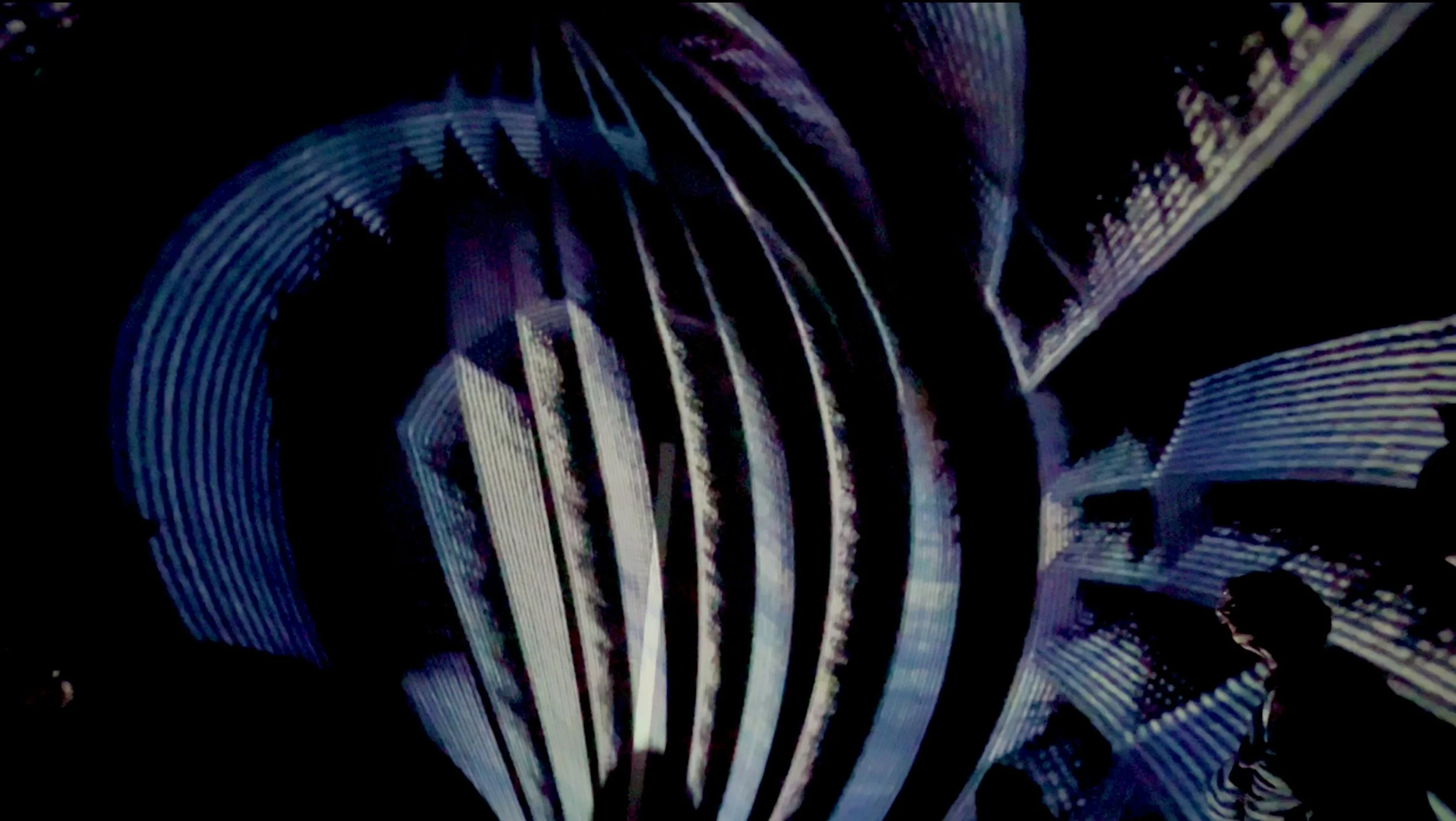 Abstract light trails with curved lines in blue, white, and purple against a black background.