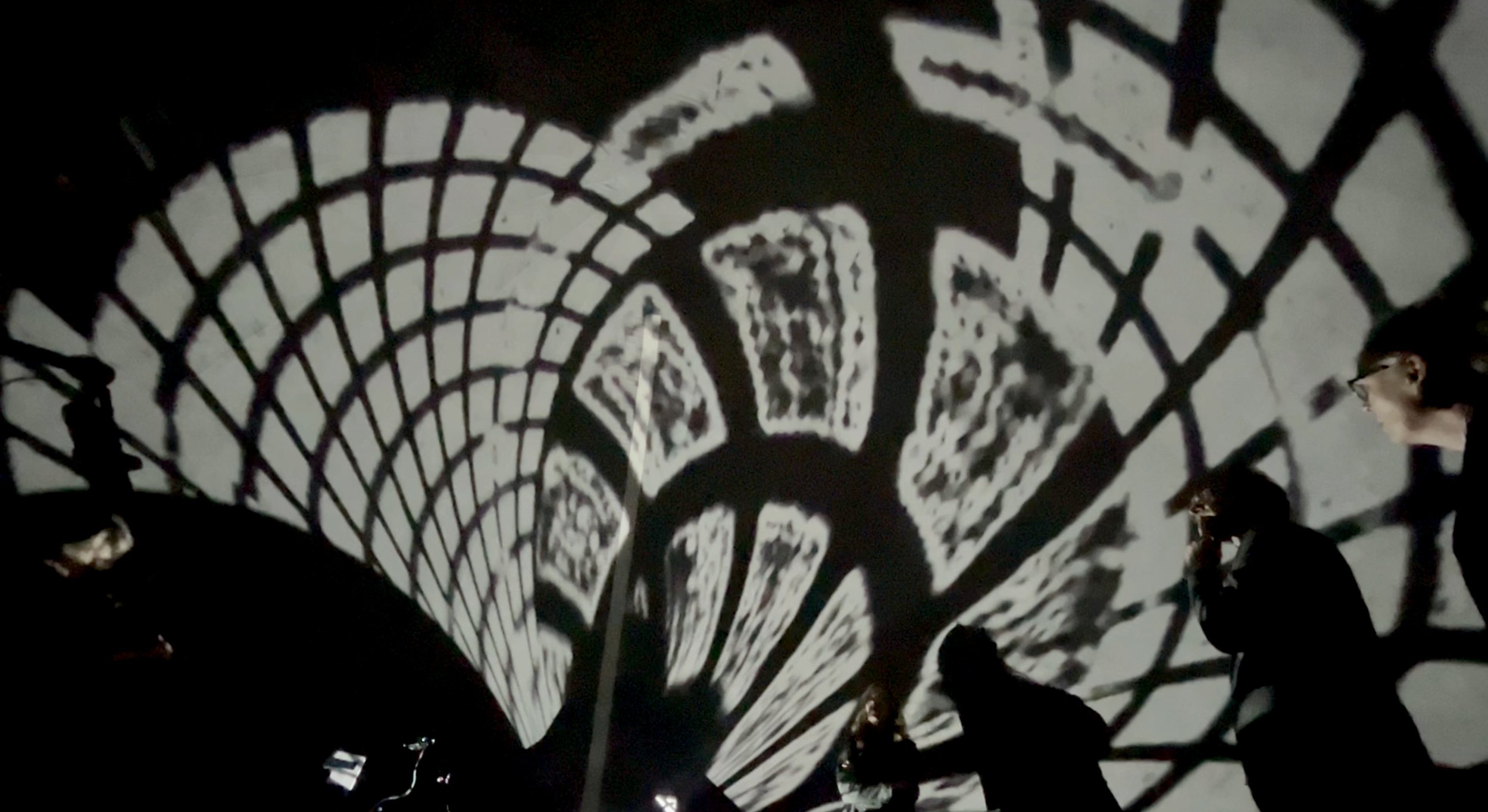Projected black and white spider web pattern on a wall with a person standing nearby.