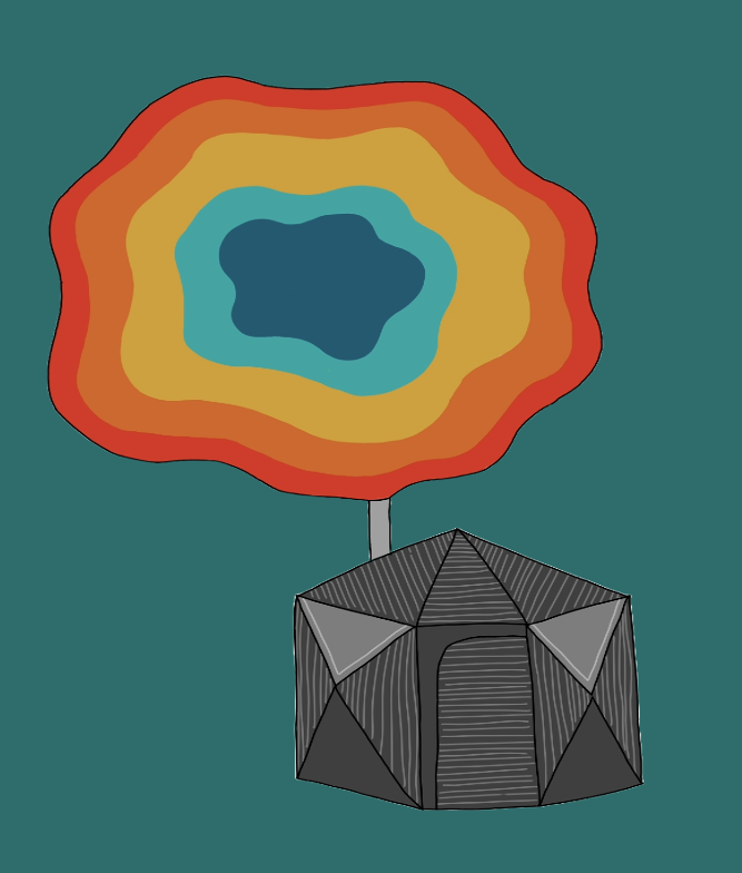 A stylized illustration of a sauna tent with a rainbow-shaped cloud above it, on a teal background.